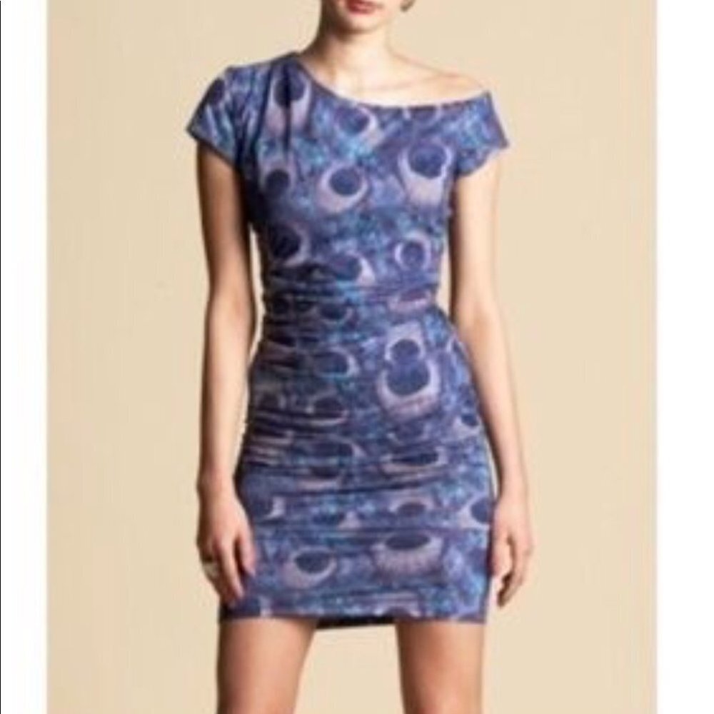 Bebe Dress XS‎ Peacock Feather Blue Purple Stretch